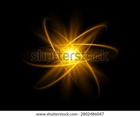 Abstract golden glowing atom with bright energy core isolated on black background. Futuristic atomic orbit, luminous science symbol and quantum light effect for technology design.