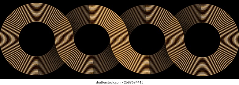 Abstract golden glowing geometric lines on dark background. Modern shiny round lines pattern. Futuristic technology concept. Suitable for posters, covers, banners, presentations, websites,