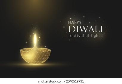Abstract golden glowing lamp. Diwali greeting card. Abstract polygonal geometric background. Wireframe light connection structure. Modern 3d graphic concept. Isolated vector illustration.