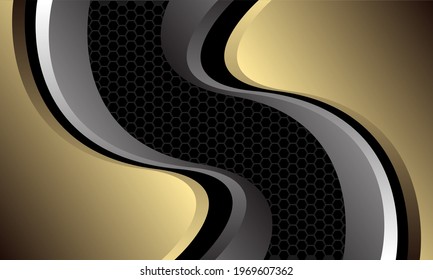 Abstract golden grey metallic curve on dark grey hexagon mesh pattern design modern luxury futuristic background vector illustration.