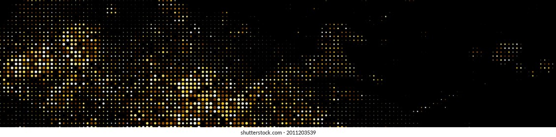 Resumen del patrón de manchas de medio tono dorado sobre fondo negro. Cartel. Ilustración vectorial.