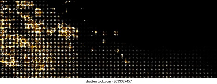 Abstract golden halftone spot pattern on black background. Vector illustration.