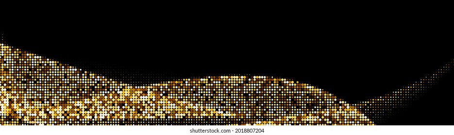 Abstract golden halftone waves pattern on black background. Vector illustration.