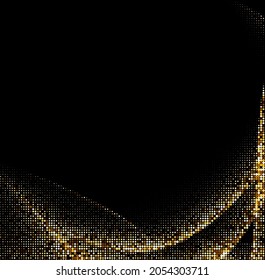 Abstract golden halftone waves pattern on black background. Curved lines. Vector illustration.