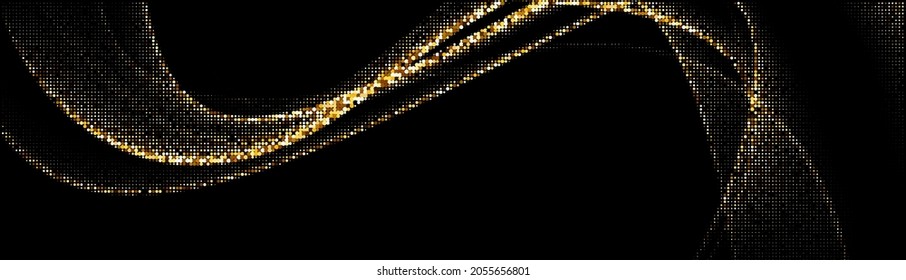 Abstract golden halftone waves pattern on black background. Curved lines banner. Vector illustration.