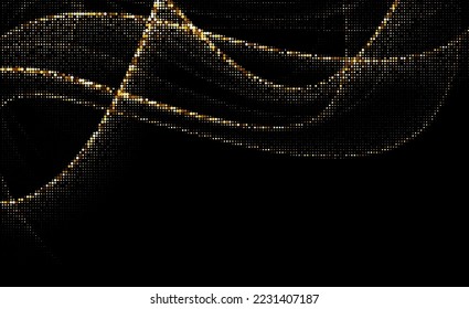 Abstract golden halftone waves pattern on black background. Curved lines. Web, net pattern. Vector illustration.