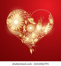 Abstract golden heart drawn in the Ukrainian style of Petrikovsky painting. Vector. Hand drawn.
