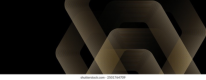 Abstract golden hexagon lines on black background. Geometric stripe line art design for poster, brochure, cover, website, banner.