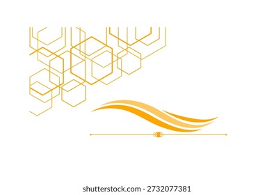 Padrões de hexágono dourado abstrato combinado com uma onda fluente elegante, perfeito para projetos de fundo corporativos e tecnológicos modernos.