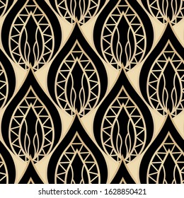 Abstract golden illustration. Geometric seamless pattern with floral ornament. Template art deco design for web page, textures, card, poster. Modern stylish luxury black and gold background.