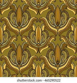 Abstract golden Indian pattern. Seamless antique ornament gold colors. Decorative floral elements. Repeatable damask background. Vector illustration.