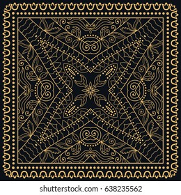 Abstract golden lace background, square geometric pattern with ornate frame, tribal ethnic ornament. Bandanna shawl fabric print, silk neck scarf or kerchief design, vector illustration.