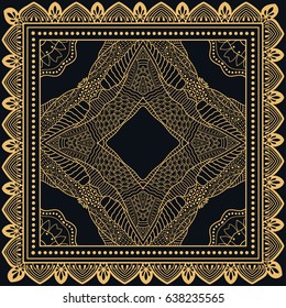 Abstract golden lace background, square geometric pattern with ornate frame, tribal ethnic ornament. Bandanna shawl fabric print, silk neck scarf or kerchief design, vector illustration.
