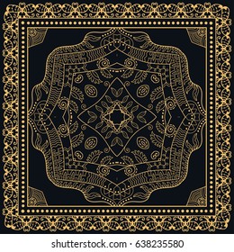 Abstract golden lace background, square geometric pattern with ornate frame, tribal ethnic ornament. Bandanna shawl fabric print, silk neck scarf or kerchief design, vector illustration.