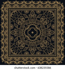 Abstract golden lace background, square geometric pattern with ornate frame, tribal ethnic ornament. Bandanna shawl fabric print, silk neck scarf or kerchief design, vector illustration.