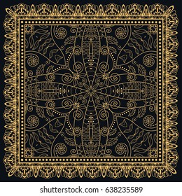 Abstract golden lace background, square geometric pattern with ornate frame, tribal ethnic ornament. Bandanna shawl fabric print, silk neck scarf or kerchief design, vector illustration.