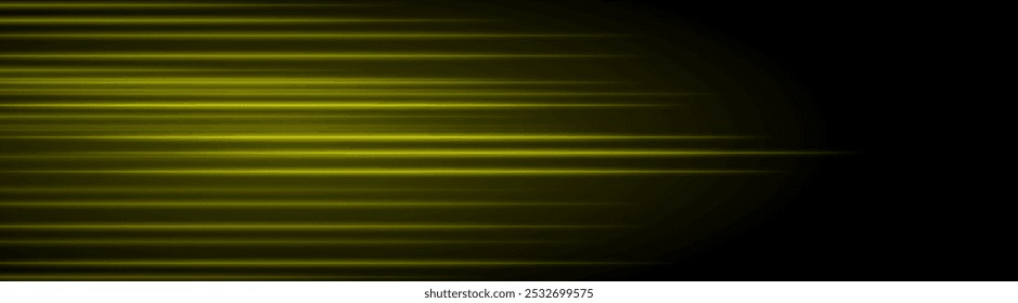 Abstract golden laser beam. Lighting effect. Directional spotlight. Light streaks fading into darkness on a black background, creating a dynamic and abstract effect.