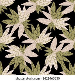 Abstract golden leaves seamless pattern on black background. Hand draw tropical wallpaper. Design for fabric, textile print, wrapping. Vector illustration