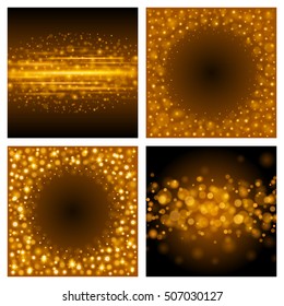 Abstract Golden Light Bokeh Set Backgrounds Vector Illustration. Magic Defocused Glitter Sparkles. Good for promotion materials, Brochures, Banners. Abstract Backdrop.