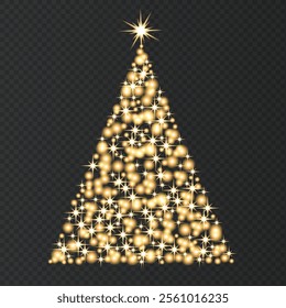 Abstract golden light Christmas tree with bright shining bulbs and garland. Gold Xmas shiny led decoration. Vector magic  winter holiday decor.