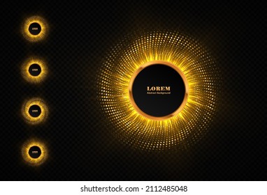 Abstract golden light circle effect frame. Golden glowing halftone dotted background.