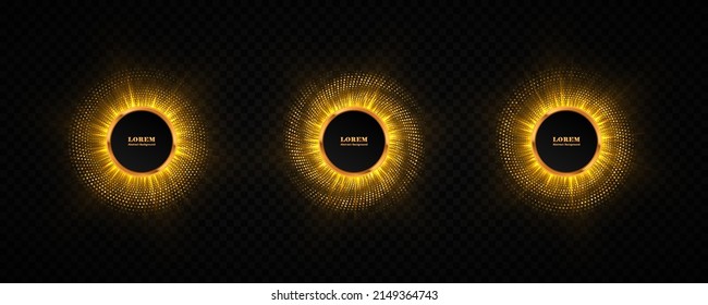 Abstract golden light circle effect frame. Golden glowing halftone dotted background.