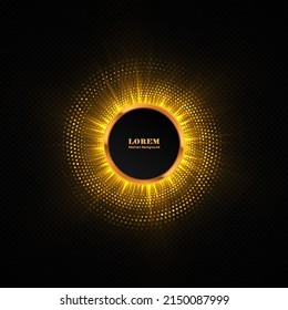 Abstract golden light circle effect frame. Golden glowing halftone dotted background.