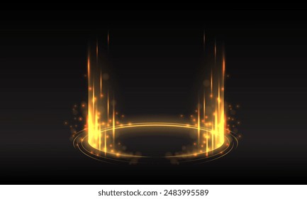 Abstract golden light circle rings lines with shine rays effect on black background vector illustration.