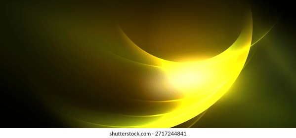 Curvas de luz dourada abstratas fluem, criando energia dinâmica. O plano de fundo escuro enfatiza o ponto focal brilhante, gradientes suaves presentes.