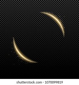Abstract golden light effect. Curved luminous neon lines with flying lights on a transparent background. Round light effect. Magical flying dust. Vector illustration. EPS 10
