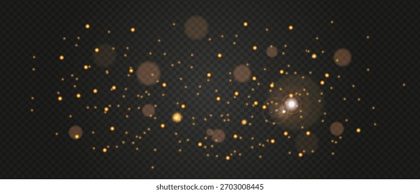 Abstractas efecto de luz dorada. Partículas voladoras, resplandor y bokeh sobre un fondo transparente. Perfecto para diseños festivos, magia, celebraciones.