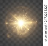 Abstract golden light effect with glare and particle explosion effect on a black background. Vector 10 EPS	