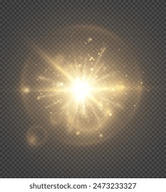 Abstract golden light effect with glare and particle explosion effect on a black background. Vector 10 EPS	