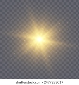 Abstract golden light effect with glare and particle explosion effect on a black background. Vector 10 EPS