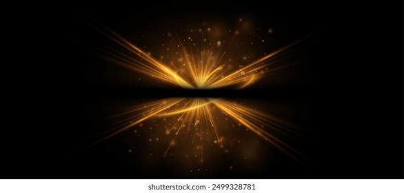 Abstract golden light effect with glare and particle explosion effect on transparent background. Vector 10 EPS	
