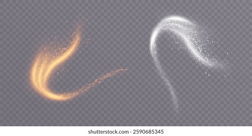 Abstract golden light lines and bright dust particles on transparent background. Dynamic curves and glow create energetic and magical effects. Vector