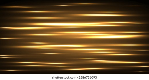 Abstract golden light lines on black background. Glowing futuristic pattern with speed orange streaks on dark. Digital technology vector illustration.