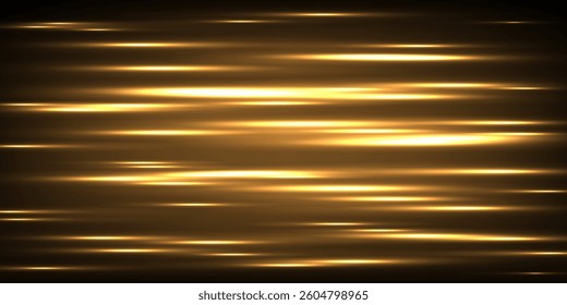 Abstract golden light lines on black background. Glowing futuristic pattern with speed orange streaks on dark. Digital technology vector illustration.