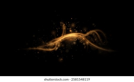 Abstract golden light lines and particles on black background. Dynamic curves and glow create energy and magic effects. Vector