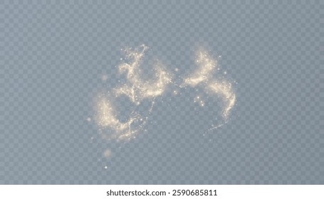 Abstract golden light particles and bright dust particles on transparent background. Dynamic curves and glow create energetic and magical effects. Vector
