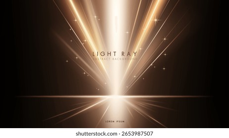 Raios de luz dourada abstratos que se rompem de um ponto central em um fundo escuro. Design elegante e luxuoso.