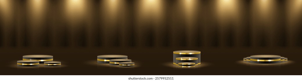 Abstract golden light rays illuminating a luxurious award podium with stairs. A high-quality vector illustration featuring a glowing golden stage, ideal for winner ceremonies and product presentations