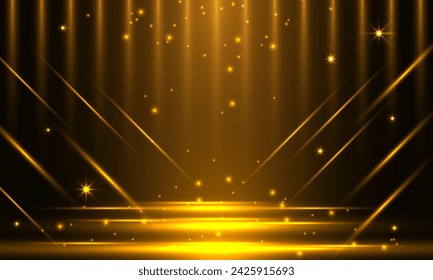 Abstract golden light rays scene. Bright golden luxury background with a podium for text, logo or advertising. Bright golden rays of light with sparkles and confetti. Luxury stage podium concept