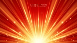 Abstract Golden Light Rays With Shine Dot Effect And Glitter Light Decoration On Red Background. Vector Illustration