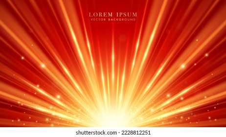 Resumen de rayos de luz dorados con efecto de punto brillante y brillante decoración de luz sobre fondo rojo. Ilustración del vector