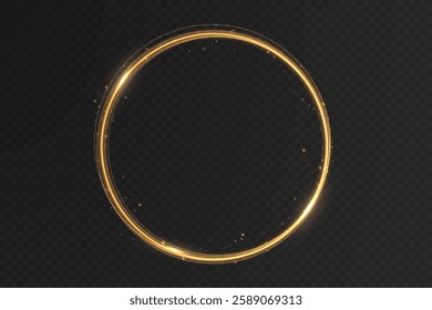 Abstract golden light ring with a glowing twirl effect, isolated on a transparent background. A modern vector illustration featuring swirling energy trails, curved light beams, and sparkles.