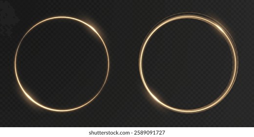 Abstract golden light ring with a glowing twirl effect, isolated on a transparent background. A modern vector illustration featuring swirling energy trails, curved light beams, and sparkles.