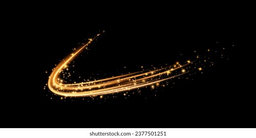 Abstract golden light trail effect, with small dust particles, on a black background. Vector illustration for your design.