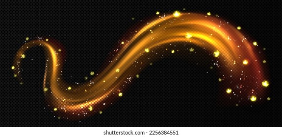 Abstract golden light trail with shine and crown signs. Gold glow motion effect, shiny flare wave with sparkles and flying royal symbols, vector realistic illustration