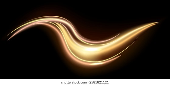 Abstract golden light trails swirling gracefully on a black background, creating a mesmerizing and elegant visual effect suitable for various design projects